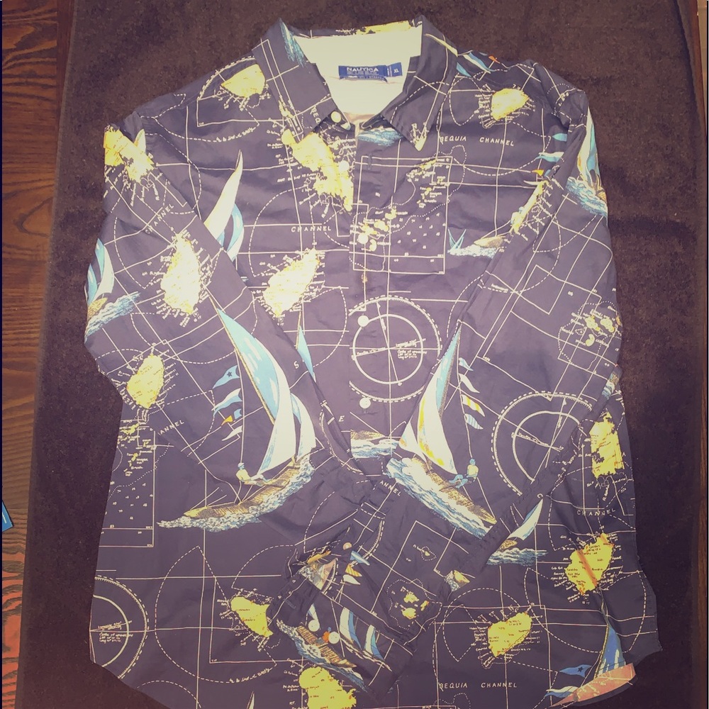 Nautica Mens XL Map Shirt Blue Long Sleeve